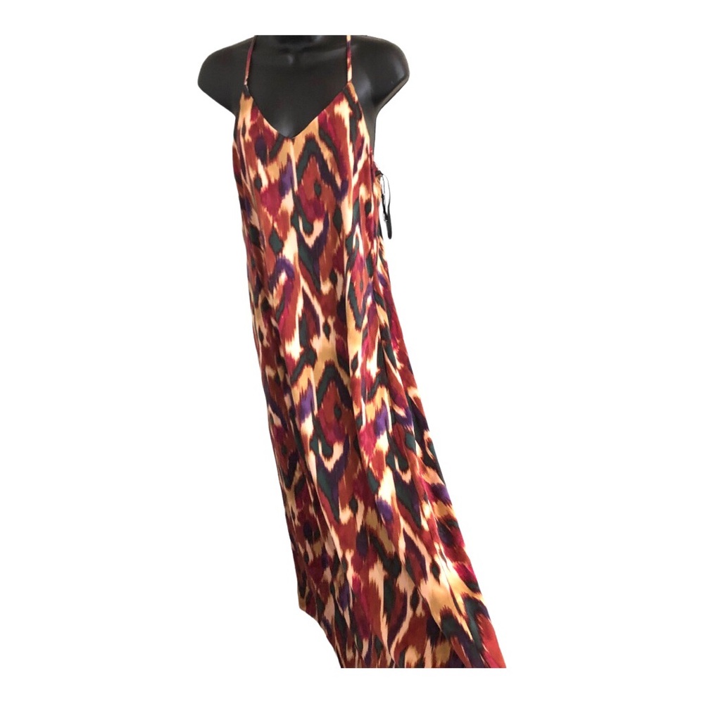 Nicole Miller brown gold ikat style v-neck satin effect maxi dress size small - Picture 1 of 13